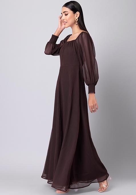 Buy Women Brown Off Shoulder Puff Sleeve Maxi Dress - Date Night Dress ...