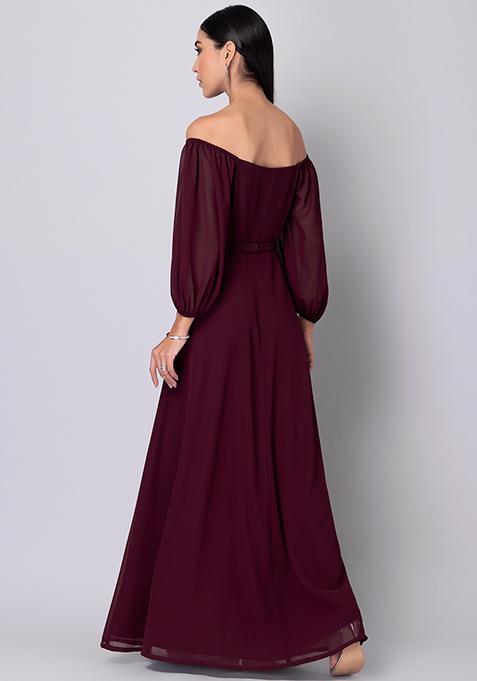 Buy Women Maroon Puff Sleeve Dress With Embellished Belt - Date Night ...