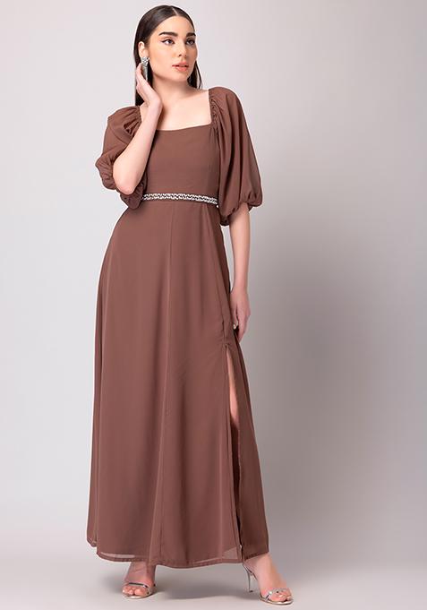 Dusty Pink Puff Sleeve Dress with Embellished Belt 