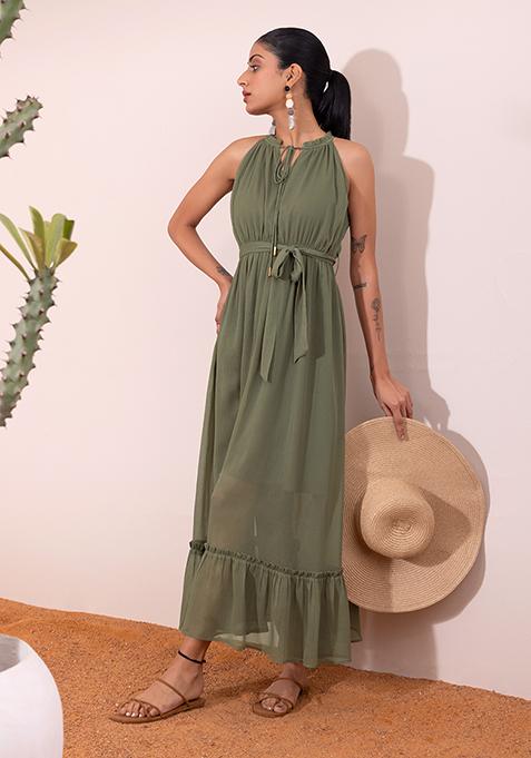 Light Green Halter Neck Maxi Dress With Fabric Belt