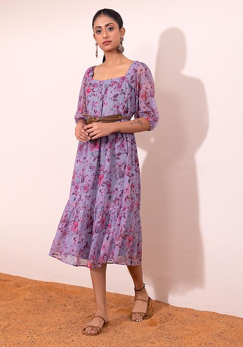 Lilac Floral Puff Sleeve Tiered Maxi Dress With Tan Belt