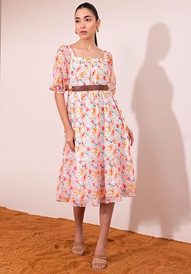 White Floral Print Puff Sleeve Tiered Dress With Belt