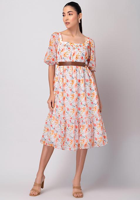 Buy Women White Floral Print Puff Sleeve Tiered Dress With Belt - Date ...