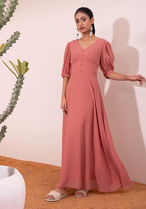 Peach Puff Sleeve Maxi Dress