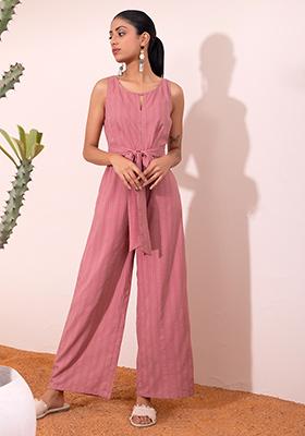 Pink Self Striped Front Tie Jumpsuit