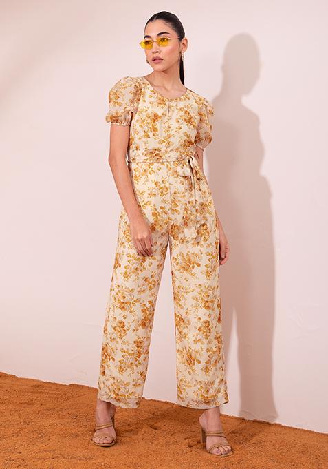 Yellow Floral Print Buttoned Jumpsuit With Belt