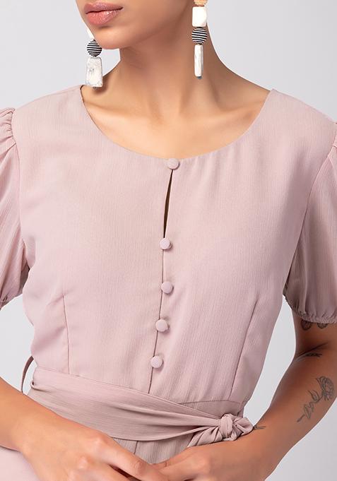 Buy Women Light Pink Jumpsuit With Self Fabric Belt - Date Night Dress ...