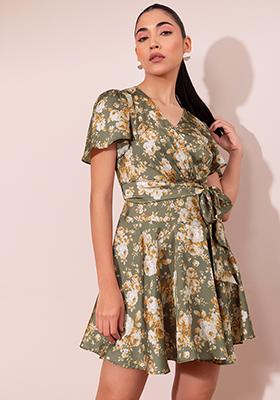 Green Floral Print Wrap Dress With Self Fabric Belt