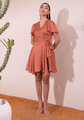 Dusty Pink Flared Sleeve Mini Dress with Self Fabric Belt 