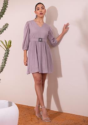 Lilac Pleated A-Line Dress With Buckle Belt