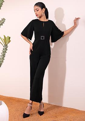 Black Flared Sleeve Jumpsuit With Self Fabric Buckle Belt