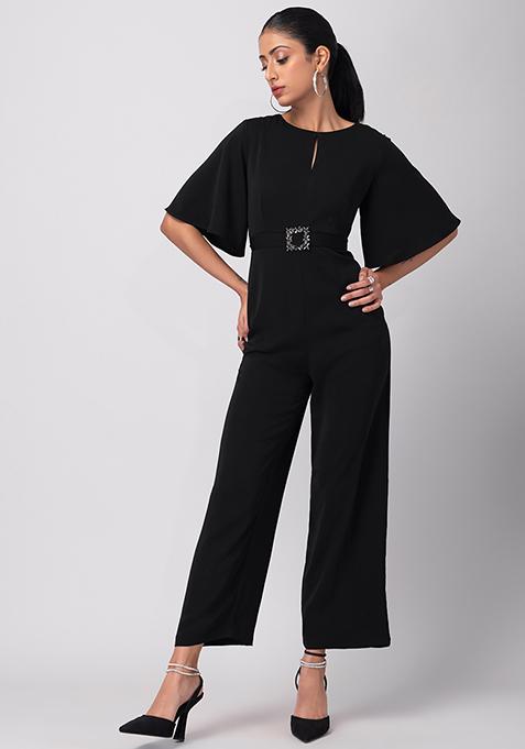 Buy Women Black Flared Sleeve Jumpsuit With Self Fabric Buckle Belt Date Night Dress Online 