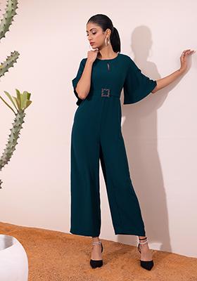 Teal Blue Flared Sleeve Jumpsuit With Self Fabric Buckle Belt