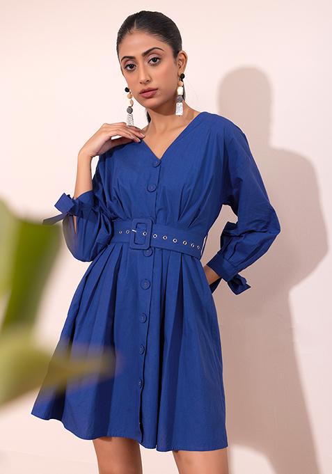 Dark Blue Poplin Dress With Self Fabric Buckle Belt