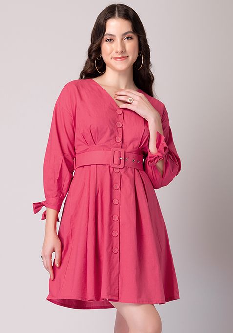 Buy Women Hot Pink Cotton Dress With Self Fabric Buckle Belt - Date ...