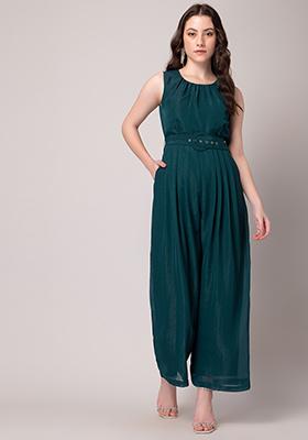 Teal Blue Sleeveless Jumpsuit With Self Fabric Buckle Belt