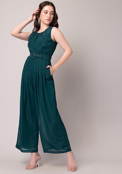 Buy Women Teal Blue Sleeveless Jumpsuit With Self Fabric Buckle Belt Date Night Dress Online 