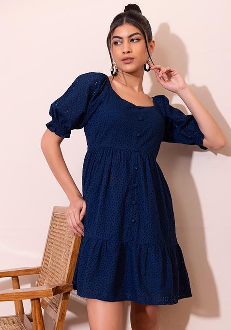 Navy Blue Schiffli Tiered Dress