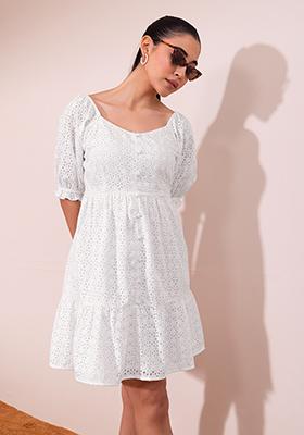 White Schiffli Puff Sleeve Mini Dress