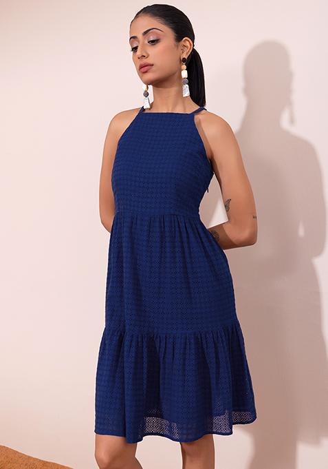 Dark Blue Halter Neck Cotton Schiffli Dress