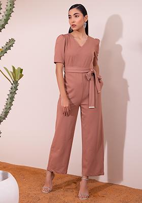 Peach Puff Sleeve Jumpsuit With Fabric Belt