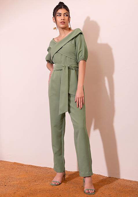 Light Green Drop Shoulder Front Tie Jumpsuit