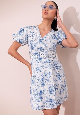 White Floral Print Wrap Dress With Self Fabric Belt