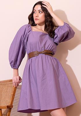Lilac Puff Sleeve Poplin Mini Dress With Tan Belt