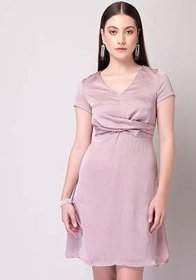 Lilac Front Drape Flared Sleeve Mini Dress