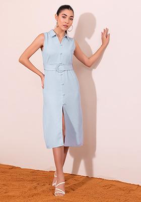 Pastel Blue Collared Shirt Dress with Self Fabric Belt