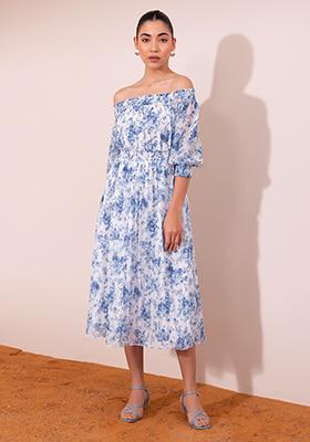 Blue Floral Print Pleated Off Shoulder Midi Dress