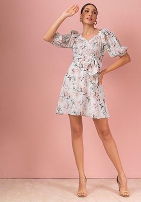 White Floral Print Cotton Dress With Fabric Belt