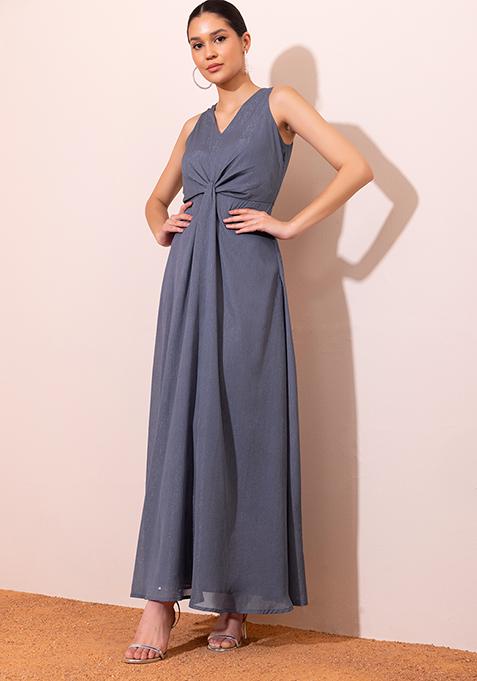 Purple Textured Front Knot Maxi Dress  