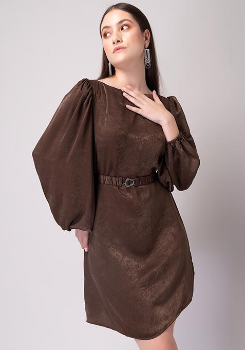 Brown Shift Dress With Buckled Belt