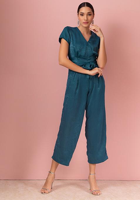 Green Kimono Sleeve Satin Jumpsuit