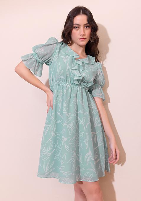 Pastel Blue Printed Ruffled Skater Dress