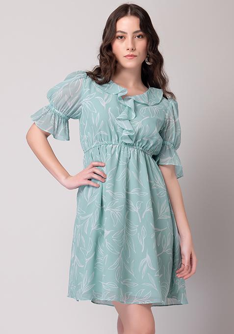 Buy Women Pastel Blue Printed Ruffled Skater Dress - Date Night Dress ...