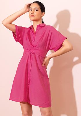 Pink Shirt Dress With Attached Belt