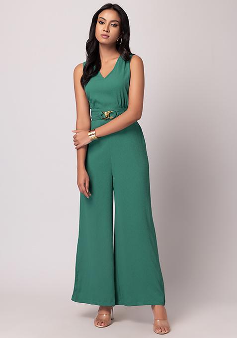 Buy Women Dark Green Jumpsuit With Belt - Date Night Dress Online India ...