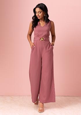 Buy Women Peach Belted Flared Sleeve Jumpsuit  Dresses and Jumpsuits   Indya