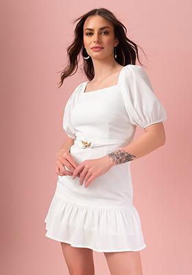 White Puff Sleeve Dress With Belt