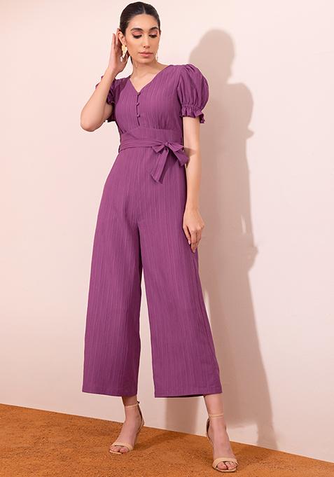 Purple Puff Sleeve Jumpsuit With Belt