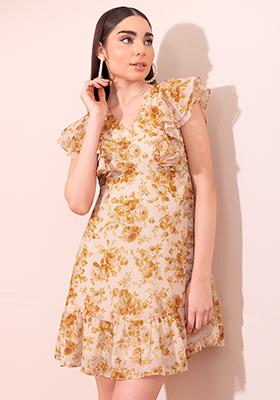 Yellow Floral Print Ruffled Mini Dress