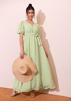 Light Green Pleated Maxi Dress With Fabric Belt