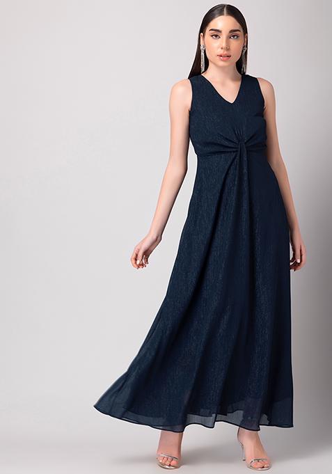 Navy Blue Front Knot Maxi Dress