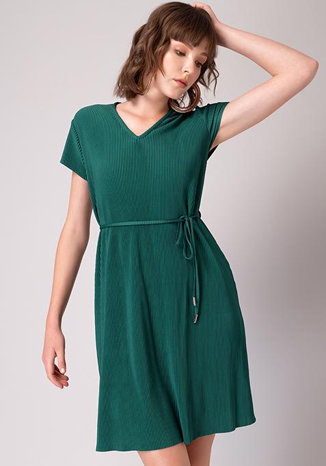 Dark Green Side Tie Pleated Mini Dress