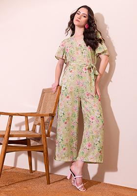 Light Green Floral Print Jumpsuit With Fabric Belt