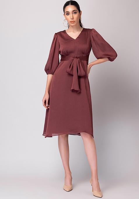 Buy Women Maroon V-Neck Midi Dress With Fabric Belt - Date Night Dress ...