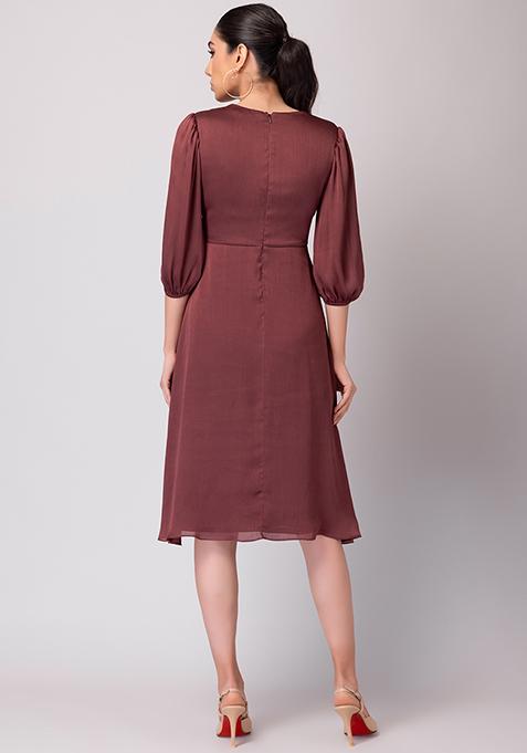Buy Women Maroon V-Neck Midi Dress With Fabric Belt - Date Night Dress ...
