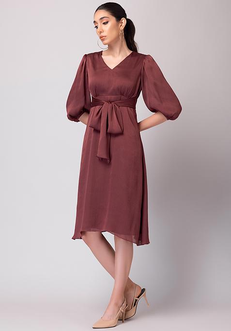 Buy Women Maroon V-Neck Midi Dress With Fabric Belt - Date Night Dress ...